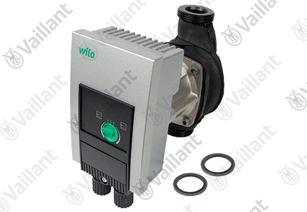 Vaillant Pumpe mit einem Bedienfeld und einer grünen Einstellungstaste, verbunden mit einem Pumpengehäuse und zwei O-Ringen.